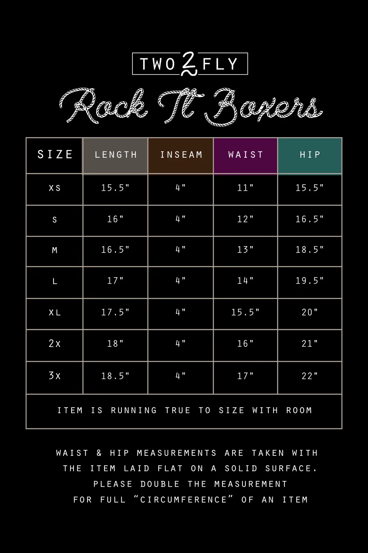 Rock it boxers size chart