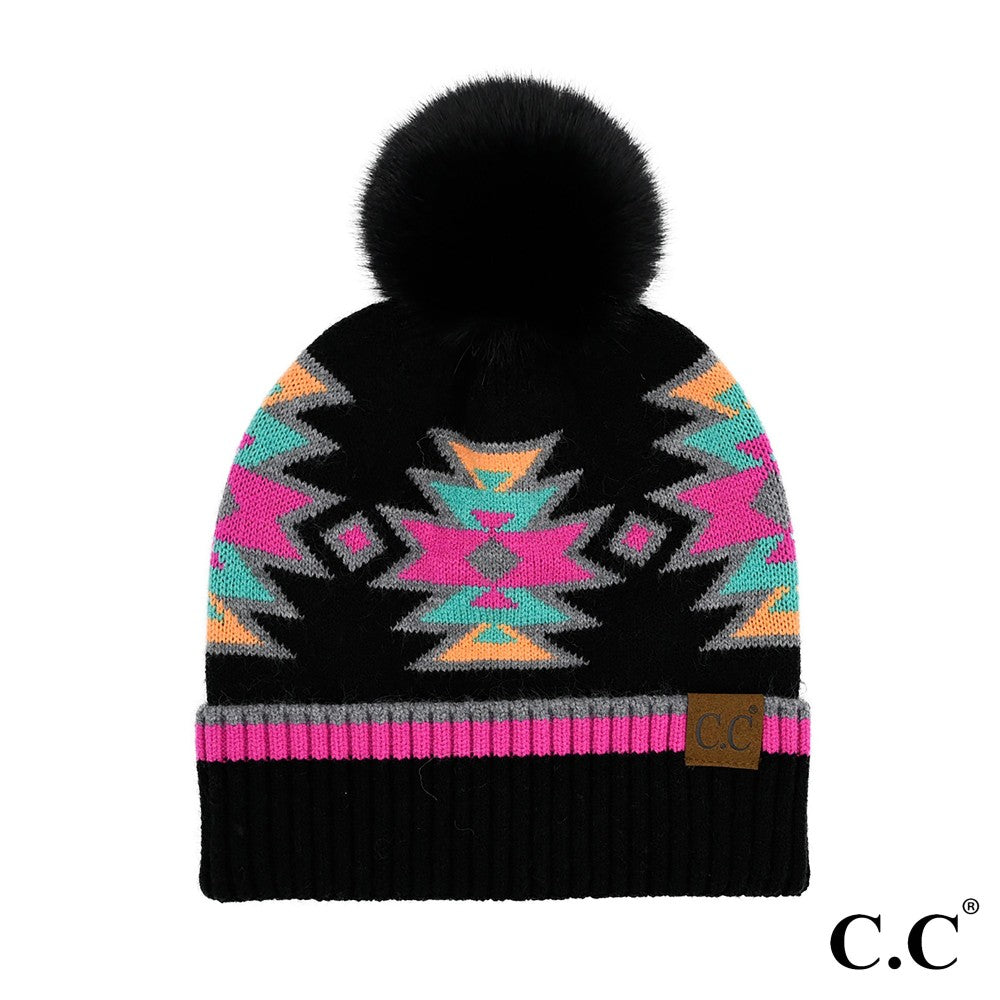 Pink, Teal and Black C.C. Aztec Beanie