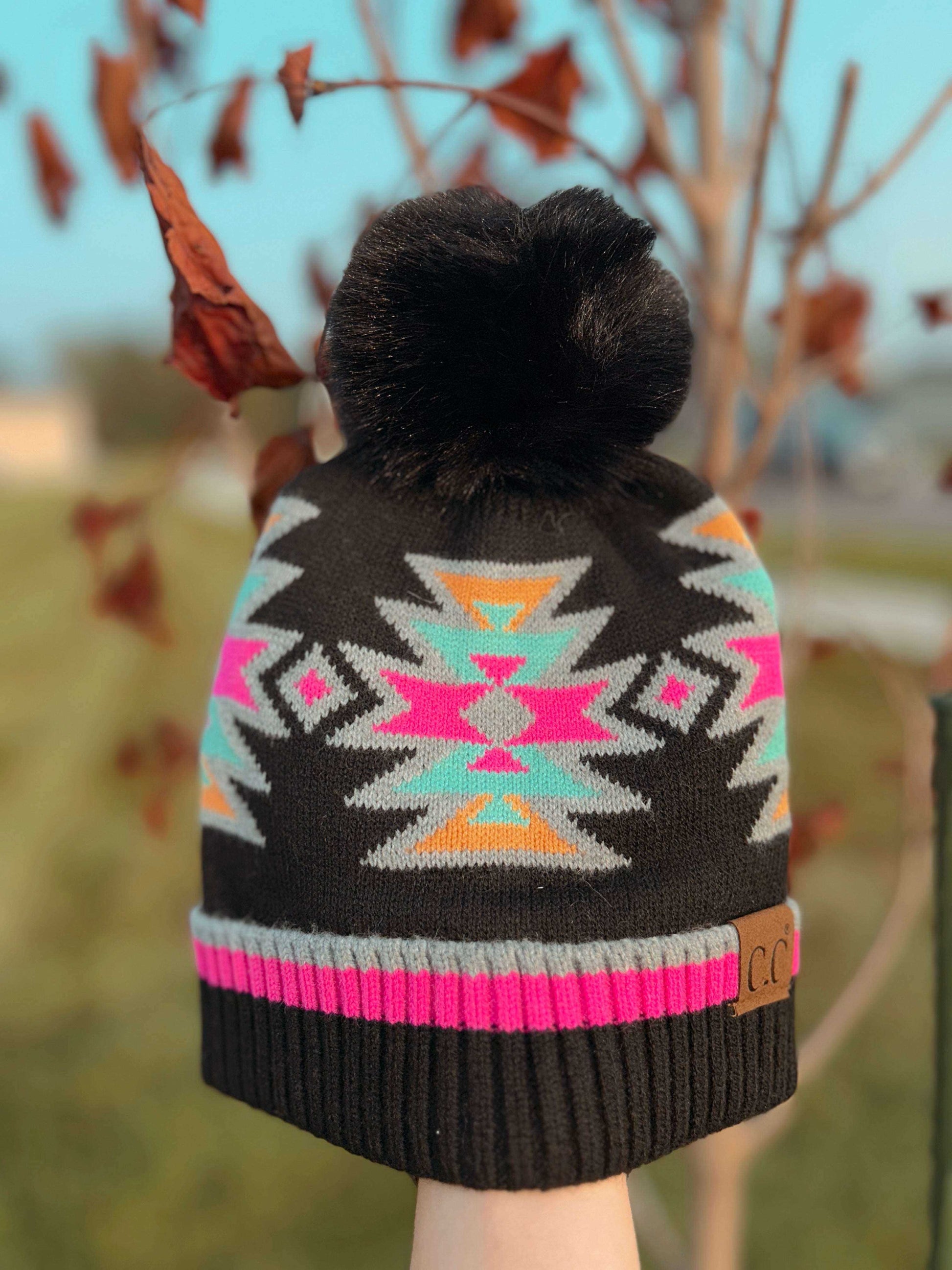 Pink, teal and Black Aztec C.C. Beanie 