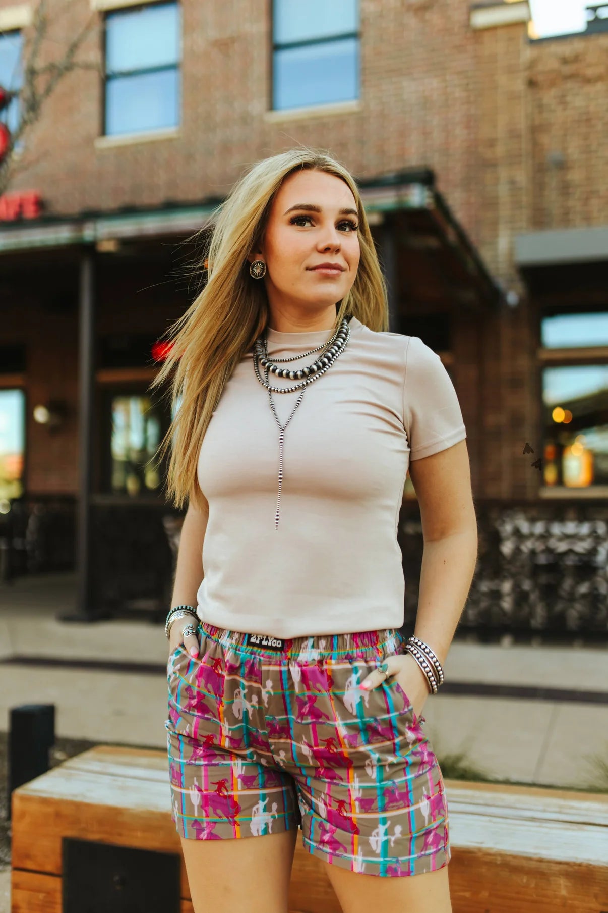 Woman wearing Rock It boxer shorts with high-rise waistband and bold style