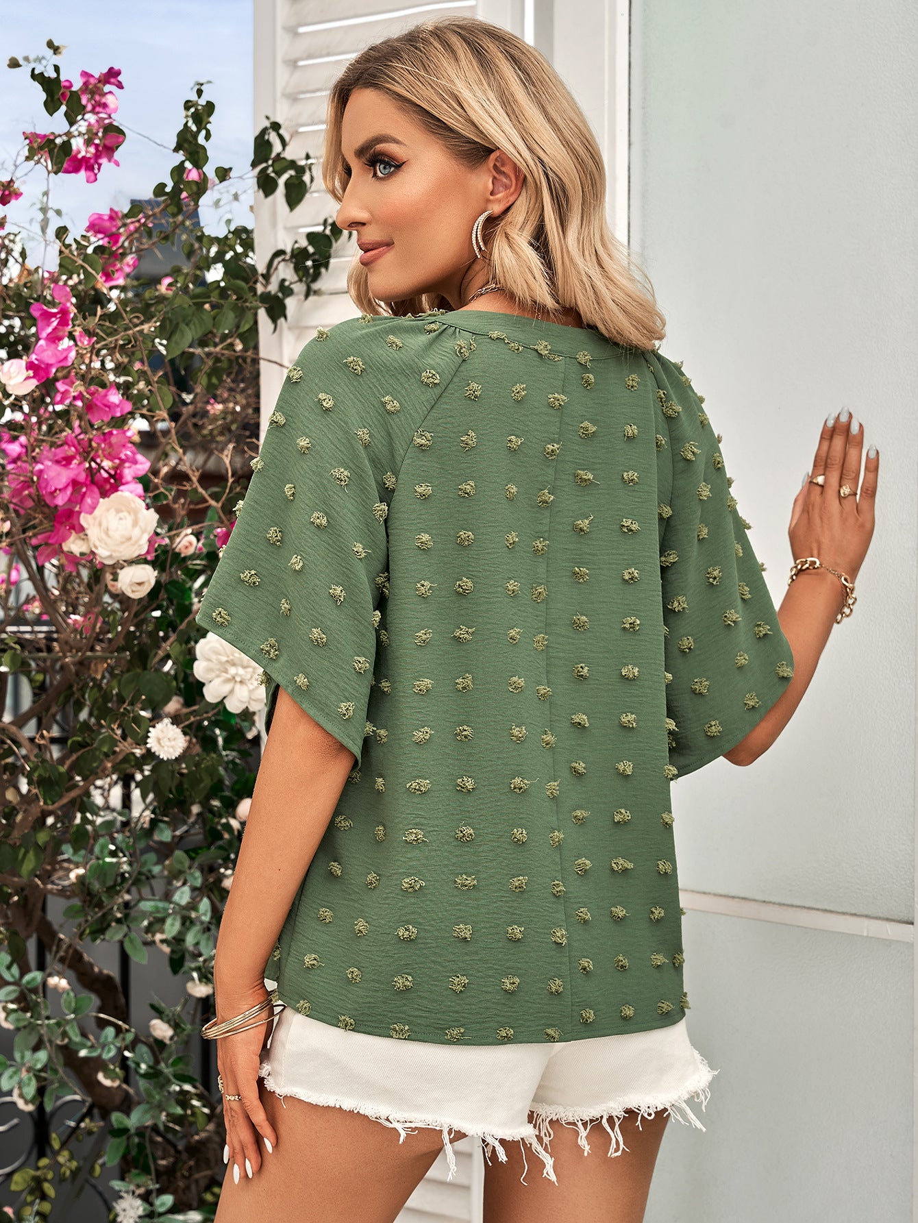 The Sally Swiss Dot Notched Neck Flare Sleeve Blouse