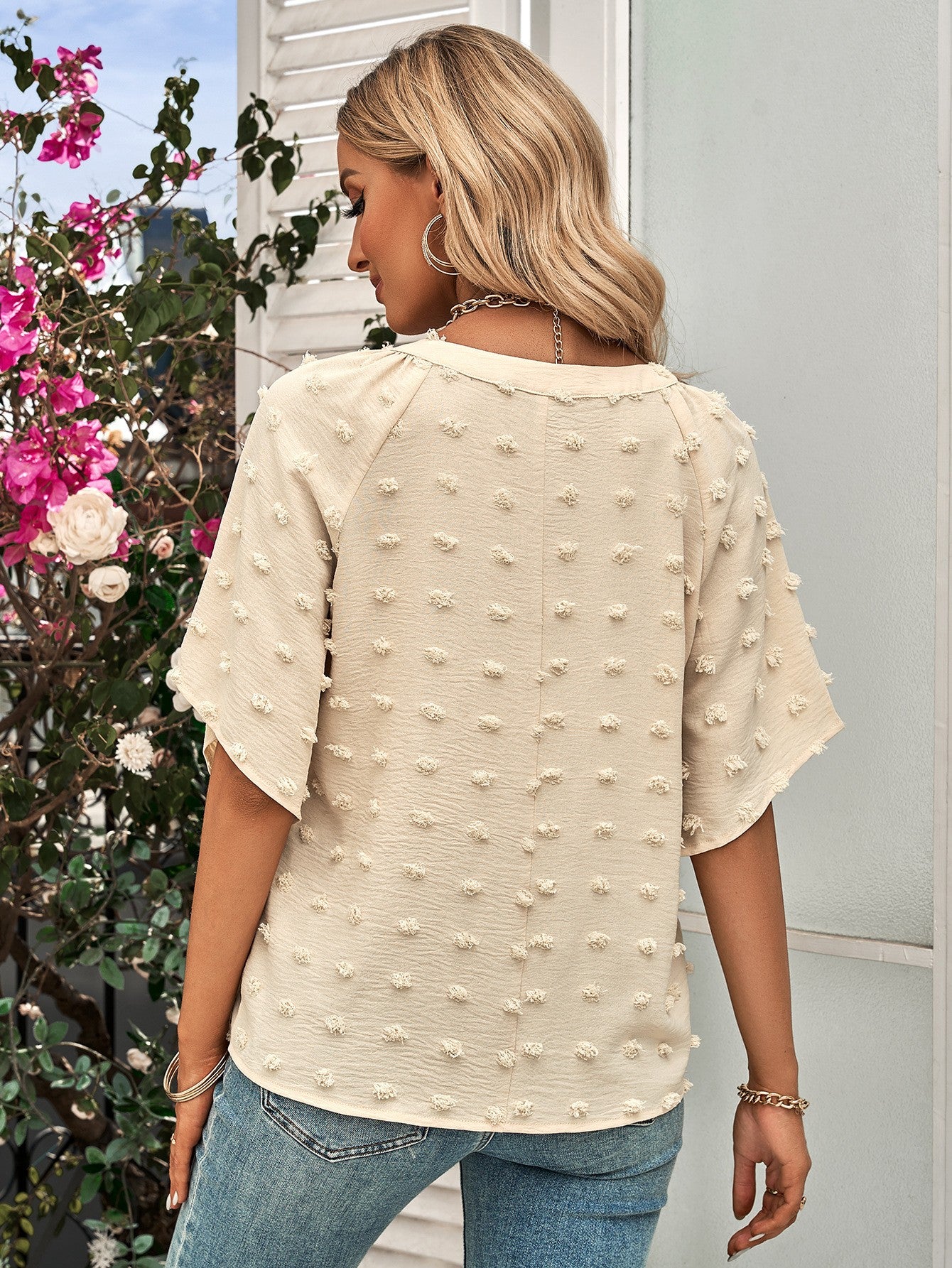 The Sally Swiss Dot Notched Neck Flare Sleeve Blouse